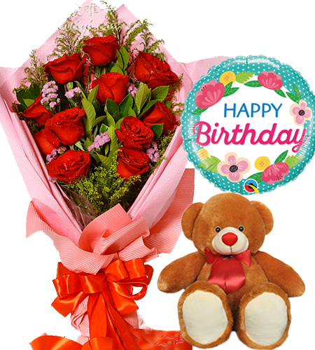happy birthday teddy bear and flowers