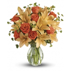 Send orange Roes & Lilies in Vase To Philippines
