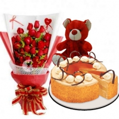 24 Red Roses Bouquet,Red Bear with Dulce de Leche Cake