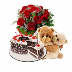 12 Red Roses,2 Hug Bear with Black Forest Cake
