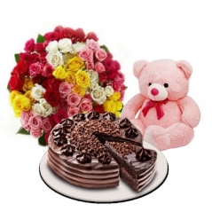 48 Mixed Roses,Pink Bear with Ultimate Chocolate Cake