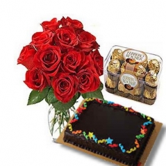 send 12 red roses in vase with cake and chocolate to philippines