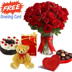 24 red roses in vase with small teddy bear and chocolate to philippines
