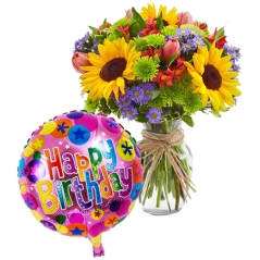 6 sunflowers with seasonal flowers in vase with balloon to philippines