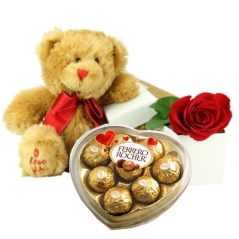 red roses with seasonal flower with bear and chocolate to philippines