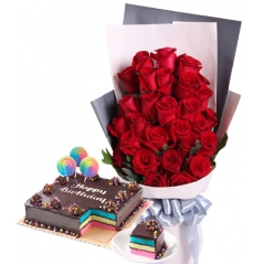 rainbow cake with 24 red roses to Philippines