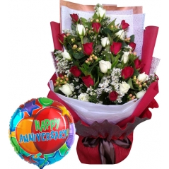 24 Red and white roses with anniversary balloon to Philippines