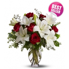 6 White lilies and 6 Red Roses in Vase