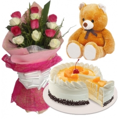 12 Mixed Roses Bouquet,Bear with peach mango cake