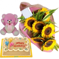 Birthday Sunflowers with teddy bear and delicious cake