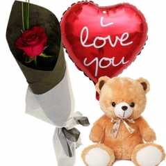 Single Rose with Teddy and Mylar Balloon