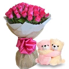 24 pink color roses with hug bear