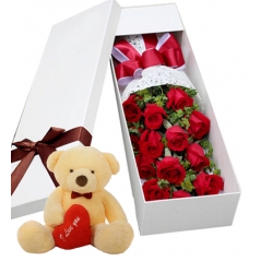 12 Red Roses in Box with Bear