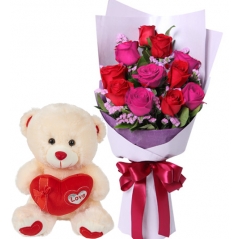 Red & Pink Roses with Pink Bear Send to Manila