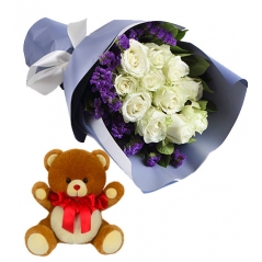 12 White Roses in Box with Bear Delivery to Manila Philippines