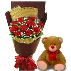 12 Red Roses in Bouquet with Bear Send to Manila Philippines