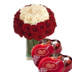 24 red & white rose,2 heart shaped lindt chocolate philippines
