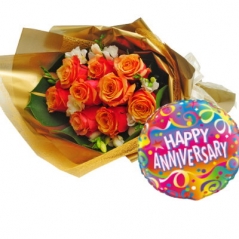 12 Orange Roses in Bouquet with happy anniversary Balloon Send to Manila Philippines