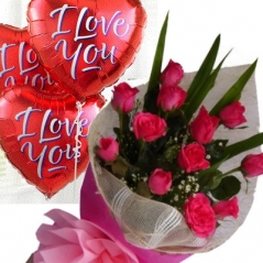 12 Pink Roses in Bouquet with 3 I Love You Balloon Delivery to Manila Philippines