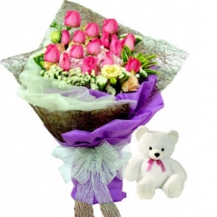 12 Bright Pink Roses with bear in Bouquet Online Delivery to Manila Philippines