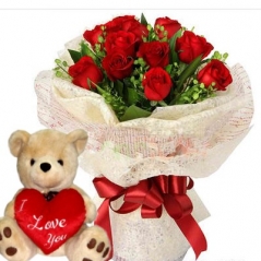 12 Red rose & Brownie Bear w/ I love You Heart send philippines