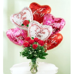 6 Red rose vase with 6 I love u balloon In Philippines