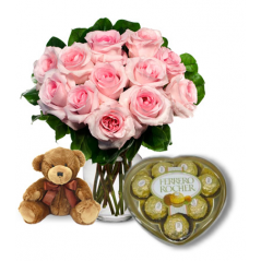 Pink Rose vase,Brown Bear with Ferrero Rocher  to Manila Philippines
