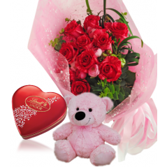 Red Rose bouquet ,Pink Bear with Lindt Chocolate to Manila Philippines