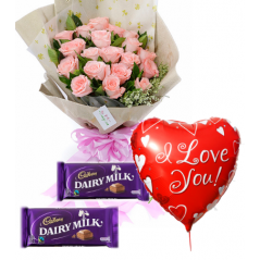 Pink Roses,Cadbury Dairy Milk with Love U Balloon to Manila Philippines