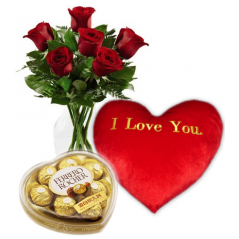 6 Red Roses,I love U Pillow with Ferrero Chocolate Box Delivery to Manila Philippines