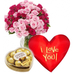 36 Pink & Red Roses Vase,Ferrero Chocolate Box with I Love U Pillow Delivery to Manila Philippines