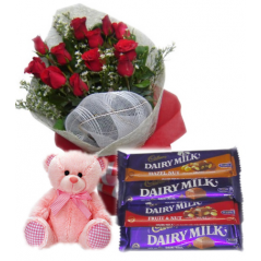 12 Red Roses Bouquet,Pink Bear with Cadbury Chocolates Delivery to Philippines