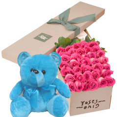 36 Pink Roses Box with Blue Bear Delivery to Manila Philippines