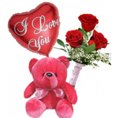 3 Red Roses Bouqet,Red Bear With I Love U Balloon Delivery to Manila Philippines