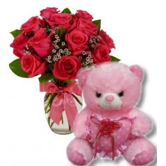 12 red Roses in Bouquet with Bear Delivery to Manila Philippines