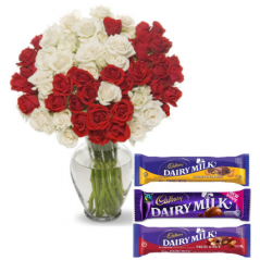 36 Red & White Roses vase with Cadbury Chocolate to Manila Philippines
