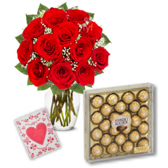 12 Red Roses Vase with 24pcs Ferrero Chocolate Send to Manila Philippines