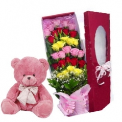 24 Mixed Roses with Pink Teddy Bear Send to Manila Philippines