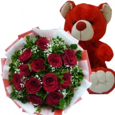 12 Red Roses with Red Bear Send to Manila