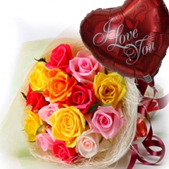 12 Pink,Red,Yellow mixed color rose bouquet with romantic balloon send philippines