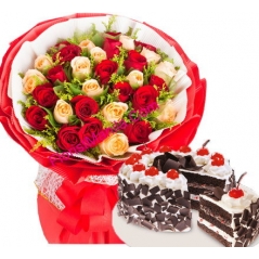 24 Red & White Roses with Black Forest Cake