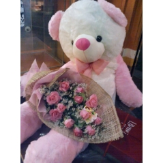 Bear with 12 Pink Roses Bouquet