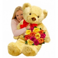 Big Bear with 12 Mixed Roses Bouquet