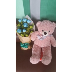 Bear with 12 Blue Roses Bouquet
