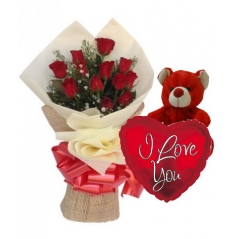 12 Red Roses,Red Bear with I Love u Balloon