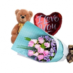12 Purple Roses Bouquet,Brown Bear with I Love u Balloon