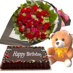 24 Red Roses Bouquet,Bear with Happy Birthday Cake