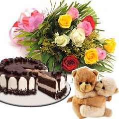 12 Mixed Color Roses,2 Hug Bear with Tiramisu Cake