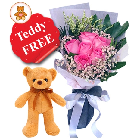 6 Pink Roses with Teddy Bear
