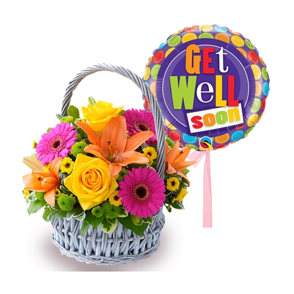 Get well soon flowers basket with mylar balloon to Philippines